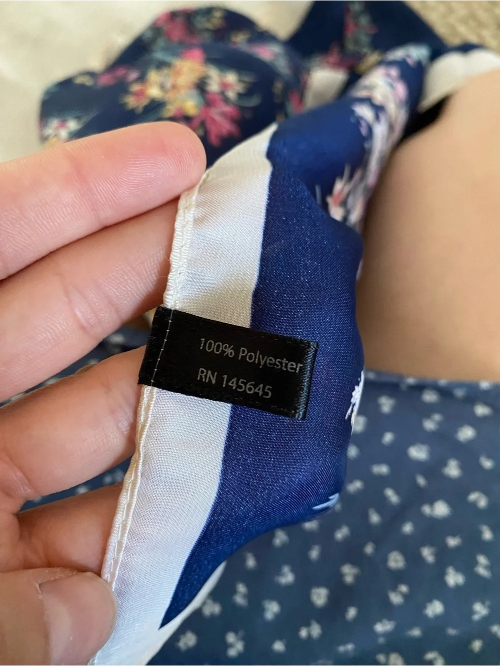 Navy Floral Silk-Feel Scarf with Ivory Border